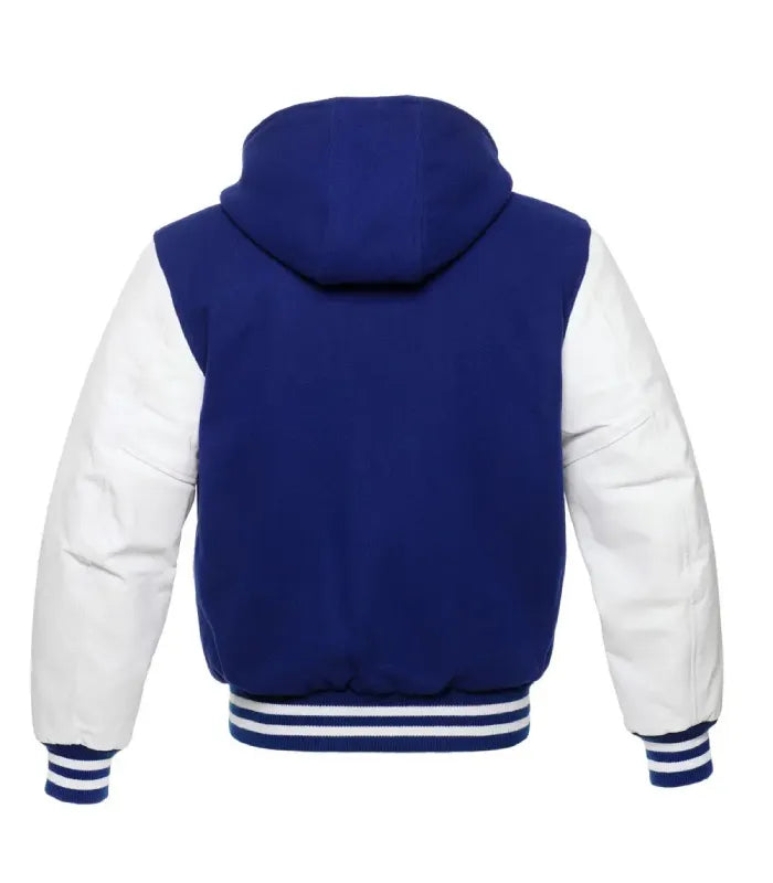 A royal blue and white varsity-style hooded jacket shown from the back, featuring a solid blue back panel, white sleeves, and blue and white striped ribbed trim at the hem and cuffs.