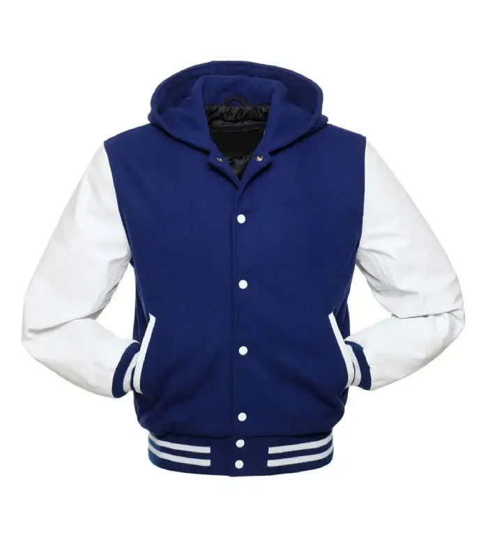 Front profile showing white leather pocket welts, white snap buttons, attached hood, and royal blue wool body.