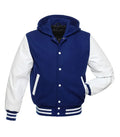 Direct front perspective of royal blue hooded varsity jacket with white leather sleeves and matching striped rib-knit hem.