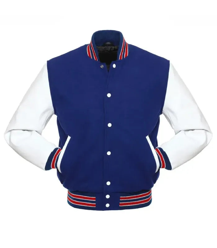 A classic varsity jacket with a royal blue wool body and white leather sleeves, featuring red and blue striped ribbed trim on the collar, cuffs, and hem.