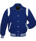 Straight front view of royal blue wool varsity jacket featuring shirt collar, white snap buttons, and contrast shoulder trim.