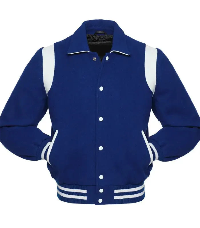 Front view of royal blue wool varsity jacket with white snap button closure and side pockets.