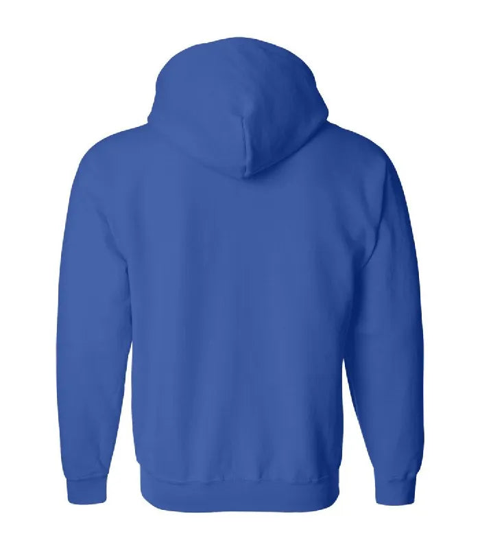 Rear view of royal blue zipper hoodie featuring a clean fleece back panel, attached hood, long sleeves, and fitted ribbed waist hemline.