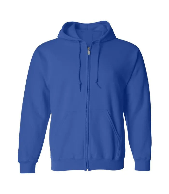 Front view of royal blue zipper hoodie featuring a full zipper closure, matching drawstrings, split kangaroo pockets, and ribbed cuffs.