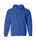 Front view of royal blue zipper hoodie featuring a full zipper closure, matching drawstrings, split kangaroo pockets, and ribbed cuffs.