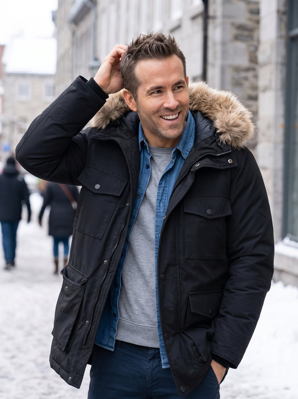 Ryan Reynolds Mayday 2026 black parka jacket faux fur hood closeup