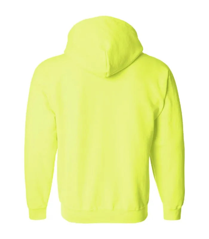 Rear view of safety green zipper hoodie featuring a high-visibility back panel, attached hood, long sleeves, and fitted ribbed waist hemline.