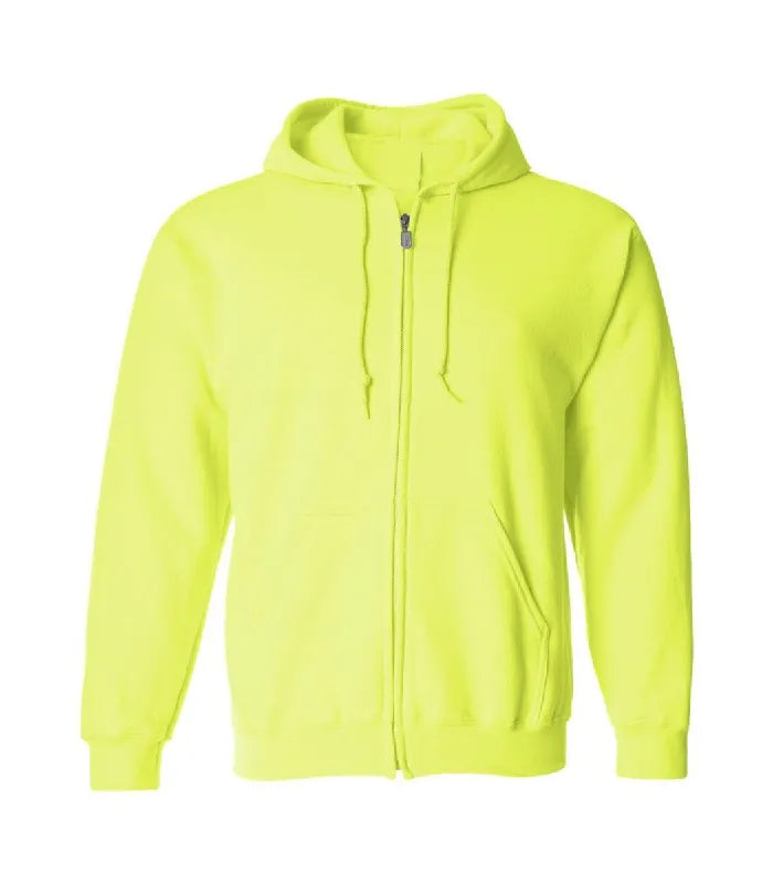 Front view of safety green zipper hoodie featuring a full zipper closure, matching drawstrings, split kangaroo pockets and ribbed cuffs.