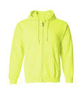 Front view of safety green zipper hoodie featuring a full zipper closure, matching drawstrings, split kangaroo pockets and ribbed cuffs.