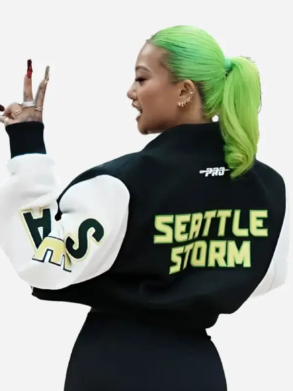 Seattle Storm cropped varsity jacket back print white sleeves black body