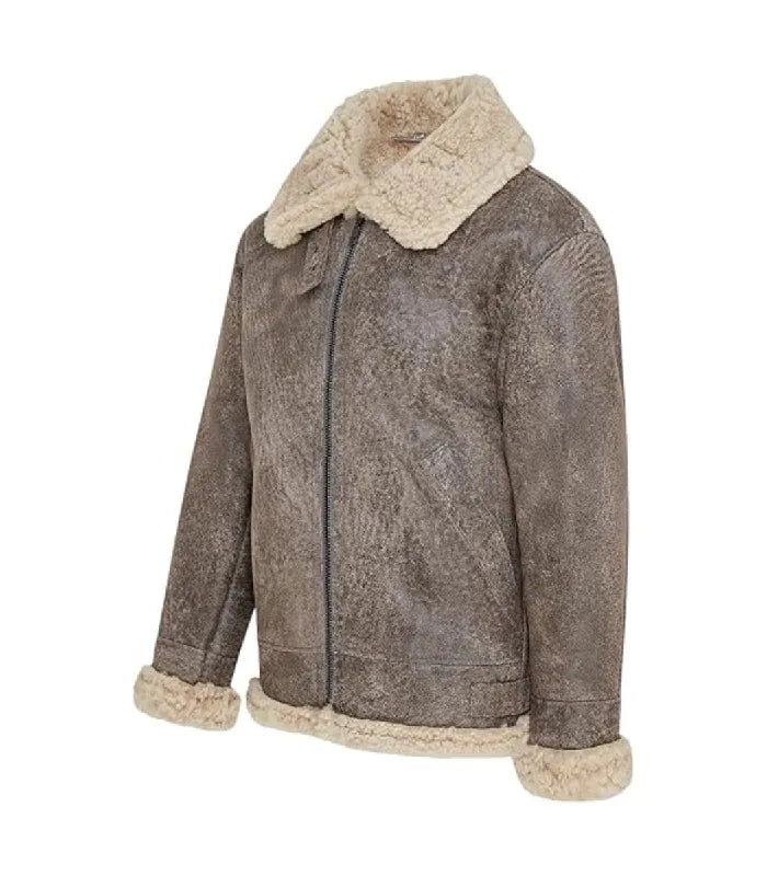 Three-quarter angle view of a Distressed Grey Shearling Aviator Leather Bomber Jacket showing side slash pockets and shearling-trimmed cuffs.