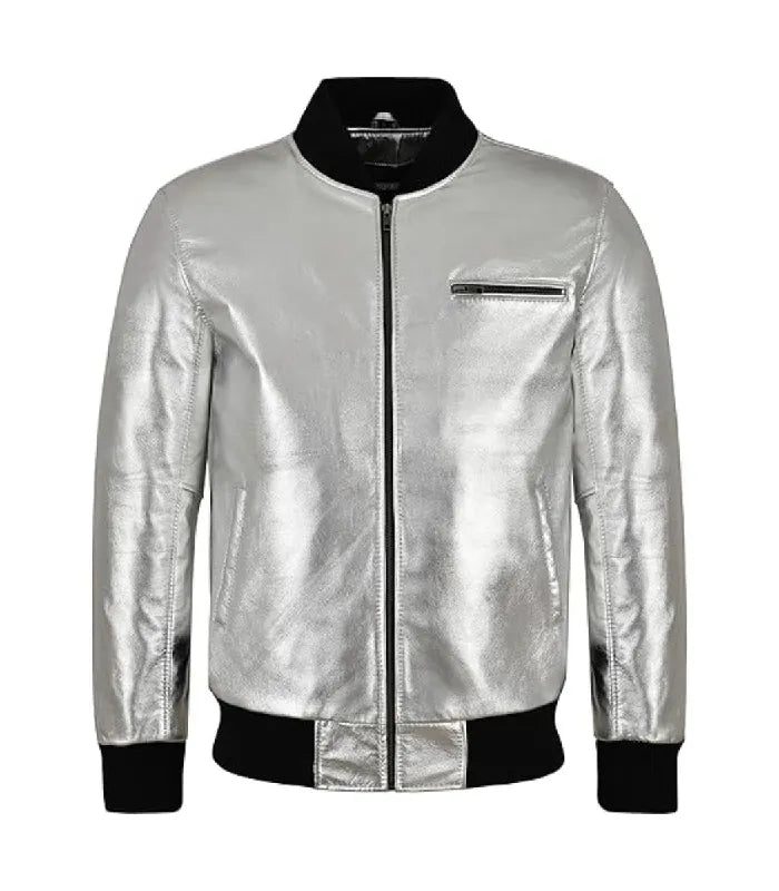Direct front view of a metallic silver leather bomber jacket featuring horizontal chest zipper pocket and black ribbed trim.