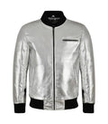 Direct front view of a metallic silver leather bomber jacket featuring horizontal chest zipper pocket and black ribbed trim.