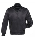 Front view of a solid black satin varsity jacket with matching black snap buttons, solid rib-knit collar and cuffs, and one hand in pocket.