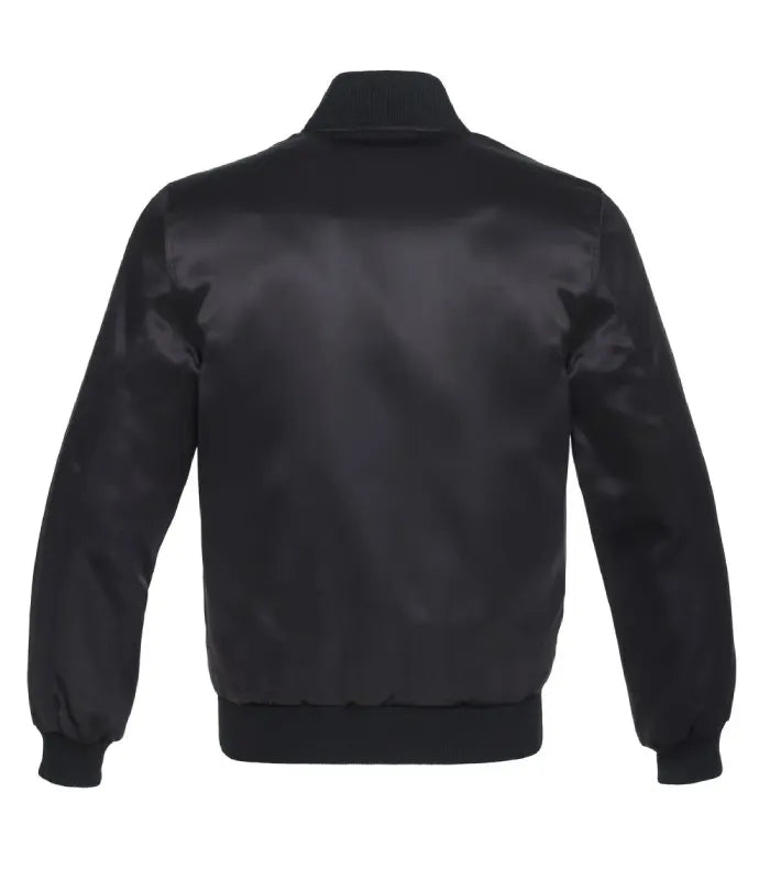 Rear view of a solid black satin varsity jacket displaying a clean all-black back panel, ribbed stand collar, matching rib-knit hem, and cuffs.