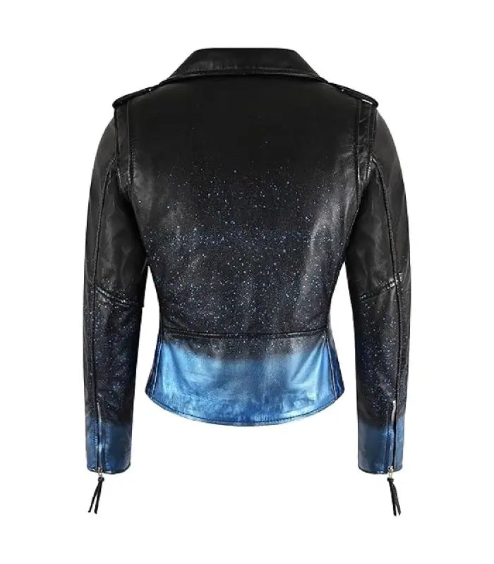 Rear view of Starlight Blue Sparkle Leather Biker Jacket showing starlight sparkle detail transitioning into metallic blue hem.