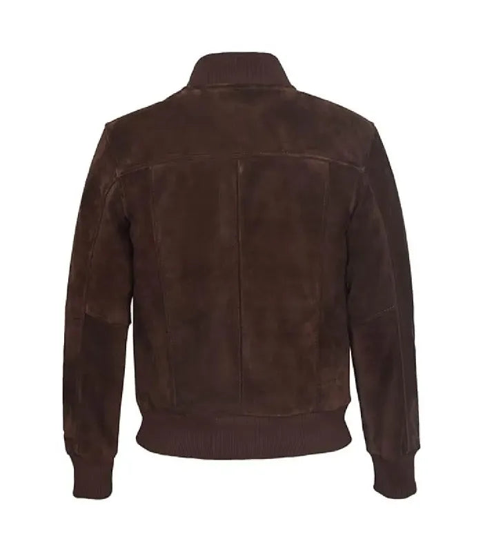 Rear view of men's dark brown suede leather bomber jacket displaying back panel stitching and rib-knit waist.