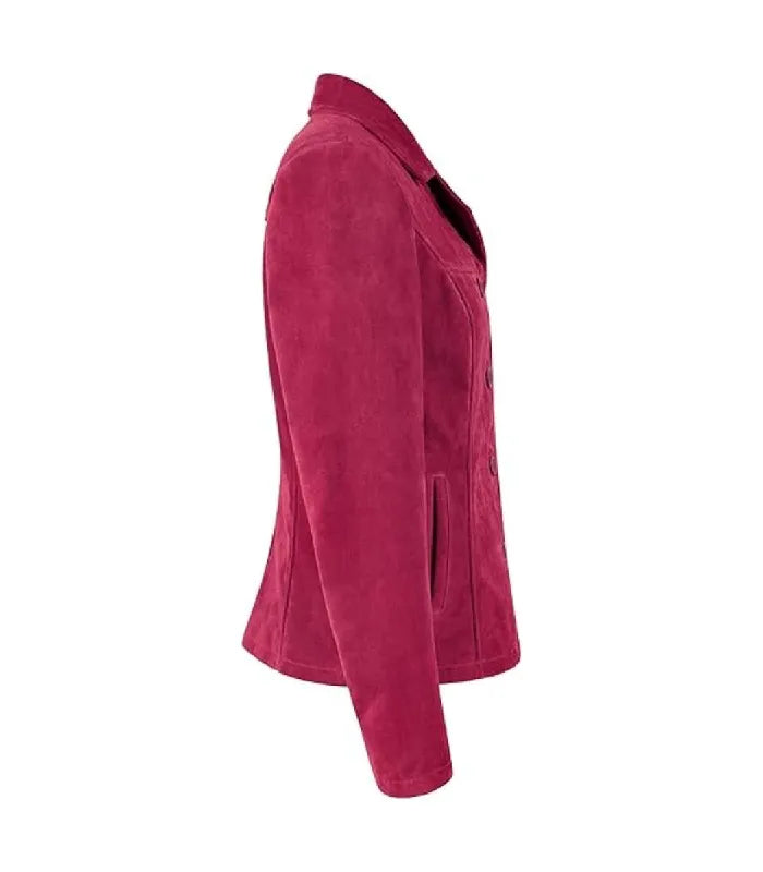 Side view of Womens Pink Suede Leather Blazer featuring side welt pocket detail, fitted sleeve construction, and structured waist tailoring.