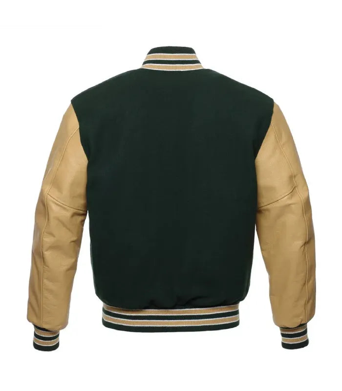 A classic varsity jacket shown from the back, featuring a dark forest green body and tan leather sleeves, with striped ribbed collar, cuffs, and hem.