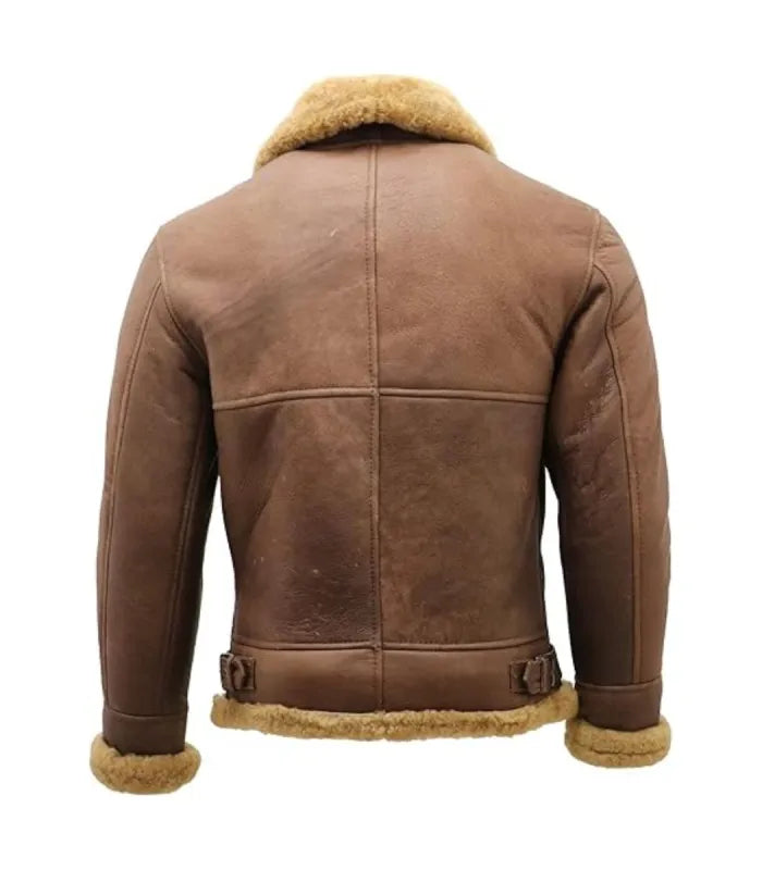 Rear view of a Tan Shearling Aviator Leather Bomber Jacket featuring horizontal seam stitching, shearling-trimmed hem, and waist adjustment buckles.