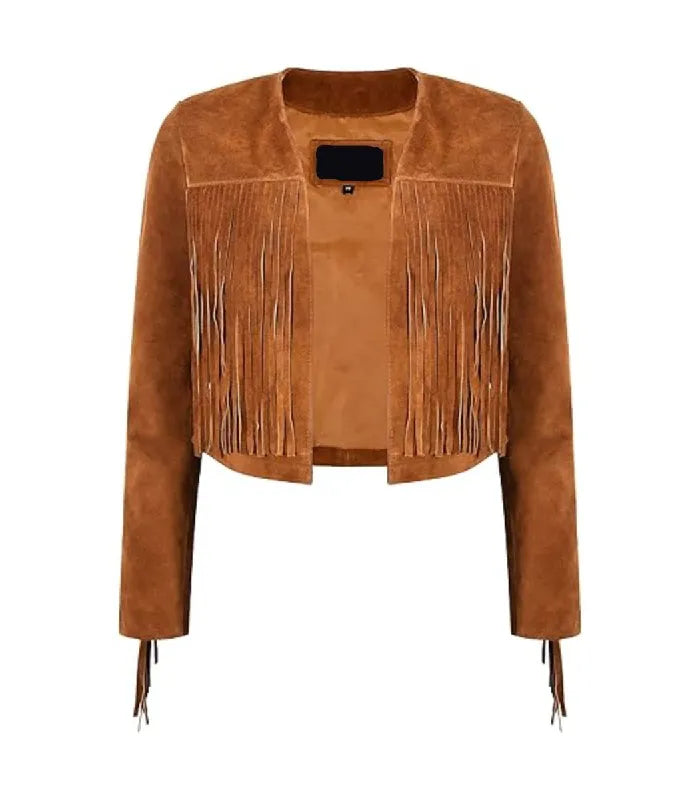 Front view of Tan Bolero Fringe Cropped Leather Jacket featuring collarless open-front style, chest tassel fringe, and sleeve tassel details.