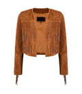 Front view of Tan Bolero Fringe Cropped Leather Jacket featuring collarless open-front style, chest tassel fringe, and sleeve tassel details.