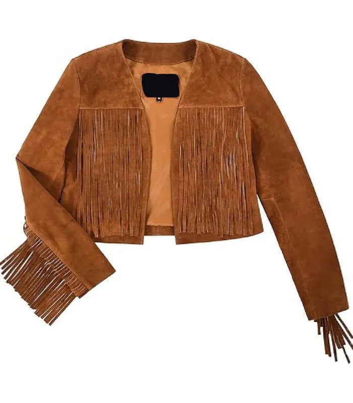 Flat lay side view of Tan Bolero Fringe Cropped Leather Jacket showcasing suede texture, open front design, and long sleeve tassel trims.