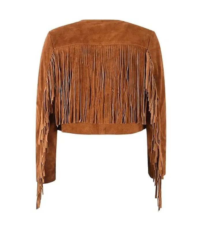 Rear view of Tan Bolero Fringe Cropped Leather Jacket featuring full back fringe yoke panel, arm fringe detailing, and cropped hem.