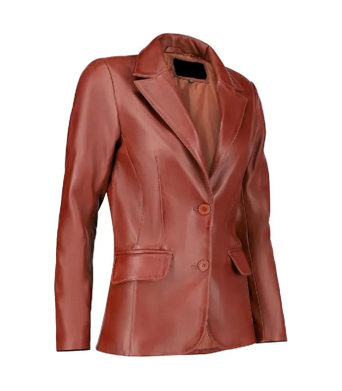 Three-quarter angle view of a Womens Tan Leather Blazer showcasing tailored lapels, a sleek slim fit, and flap side pockets.