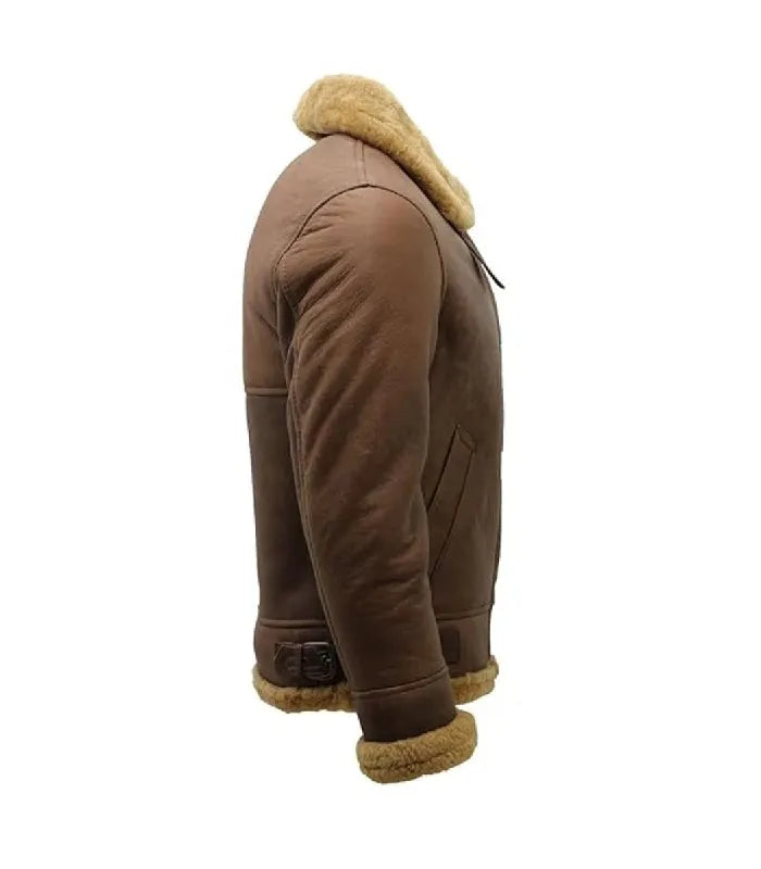 Side view of a Tan Shearling Aviator Leather Bomber Jacket displaying plush shearling collar, waist adjustment buckle and shearling trimmed cuffs.