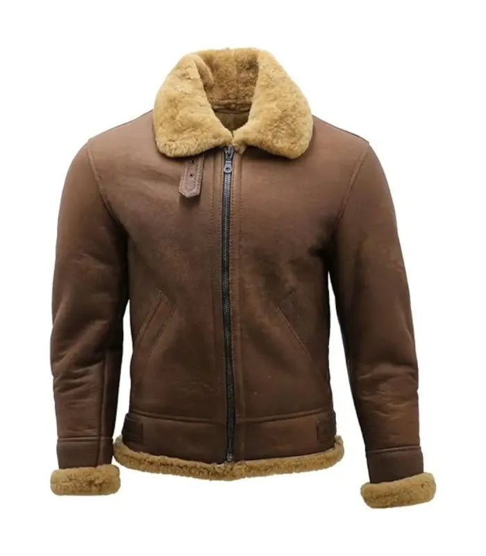 Front view of a Tan Shearling Aviator Leather Bomber Jacket showing a full-zip front, shearling collar, throat strap, and diagonal waist pockets.