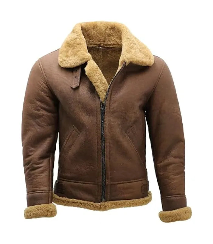 Front view of a Tan Shearling Aviator Leather Bomber Jacket with plush beige shearling lining, lapel style collar and front zip closure.