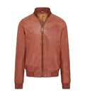 Front view of a tan varsity bomber jacket featuring ribbed collar, cuffs, hem, and central zipper closure.