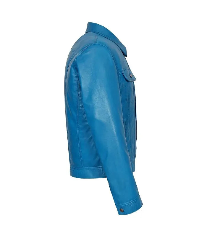 A bright blue leather jacket shown from a side profile view against a plain white background.