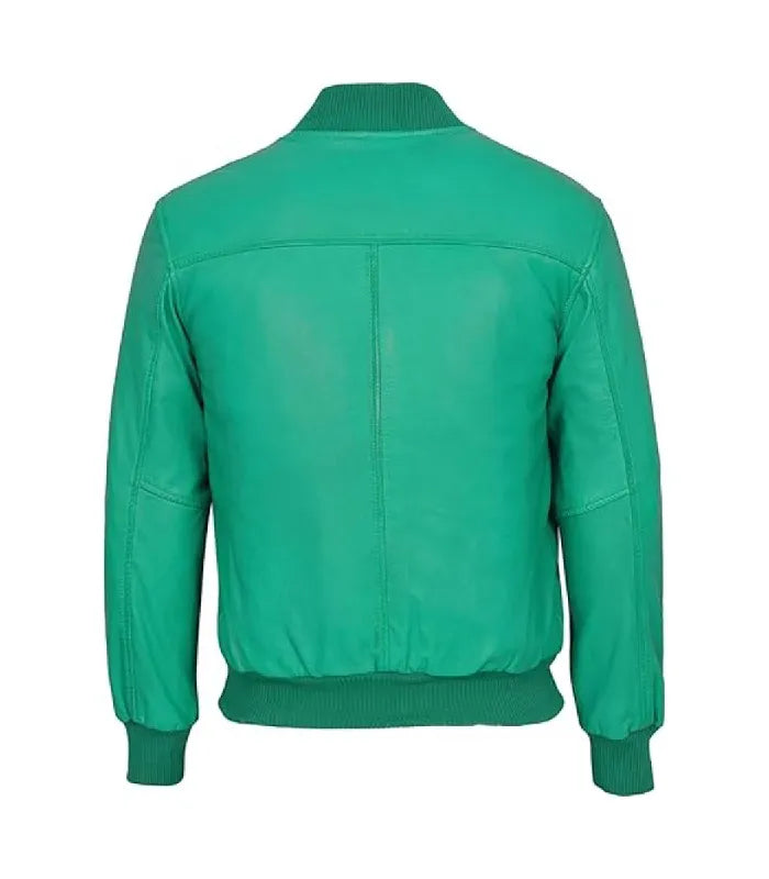 Back view of a turquoise leather bomber jacket showing clean shoulder yoke seam, vertical central back stitch, and ribbed collar.