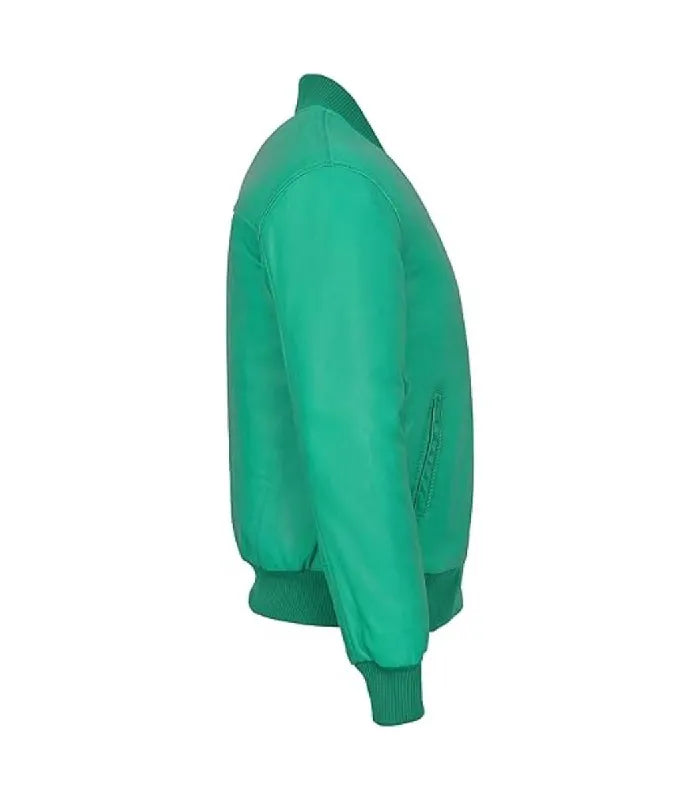 Profile view of a turquoise leather bomber jacket showing sleeve paneling, side pocket welt and ribbed elastic cuff.
