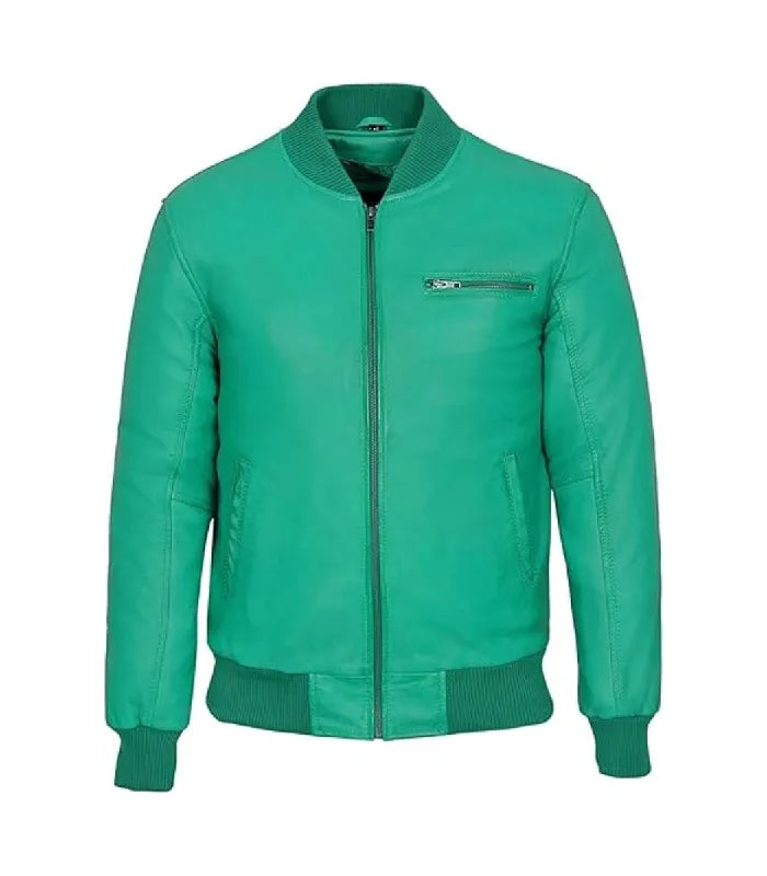 Direct front view of a turquoise leather bomber jacket featuring horizontal chest zip pocket, main zipper closure, and ribbed hem.