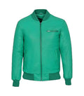 Direct front view of a turquoise leather bomber jacket featuring horizontal chest zip pocket, main zipper closure, and ribbed hem.