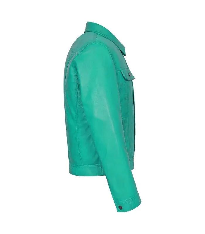 Side profile view highlighting the sleeve button cuff and smooth leather finish of a turquoise trucker jacket.