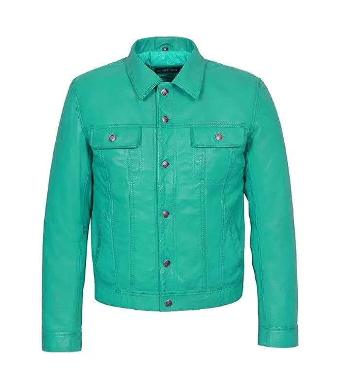 Front view of a turquoise leather trucker jacket with button closure and flap chest pockets.