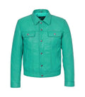 Front view of a turquoise leather trucker jacket with button closure and flap chest pockets.
