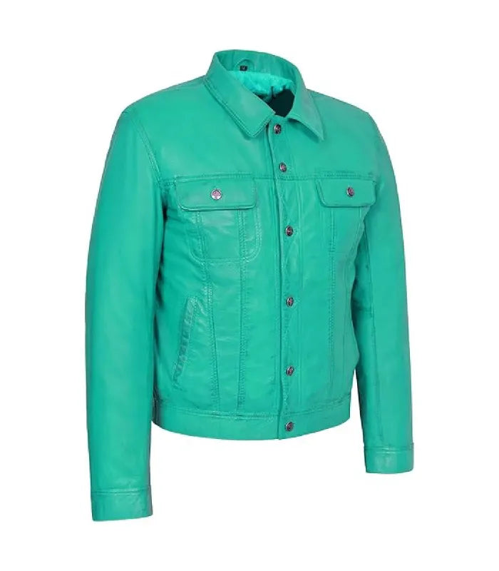 A mint green leather jacket with a pointed collar, button-up front, and two buttoned chest pockets, shown on a plain white background.