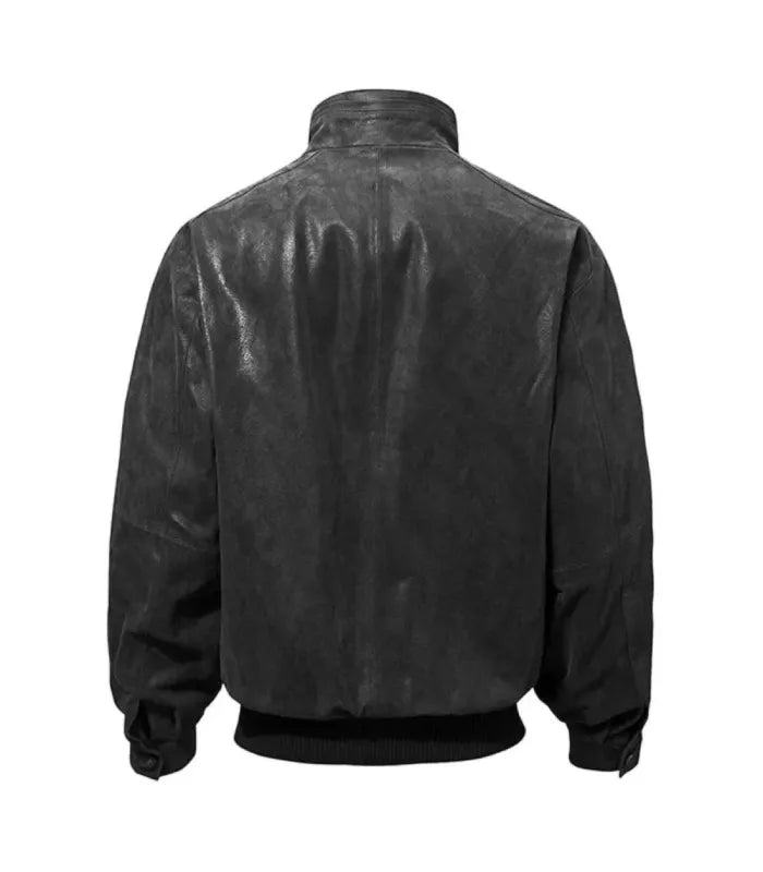 Rear view of Black Flight Leather Bomber Jacket featuring clean back leather paneling, stand-up collar, and ribbed waist edge.