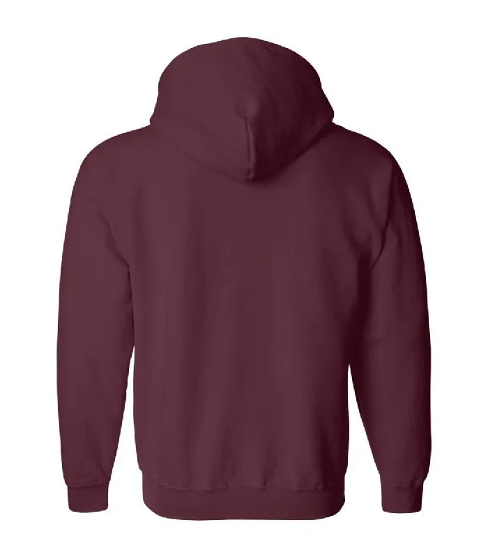 Rear view of maroon zipper hoodie featuring a clean fleece back panel, attached hood, long sleeves, and fitted ribbed waist hemline.