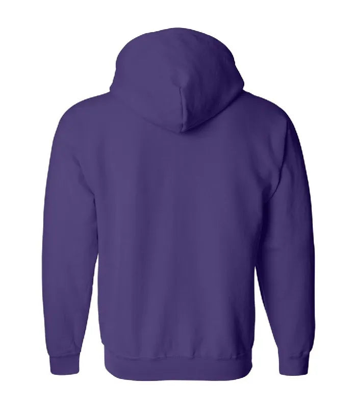 Rear view of purple zipper hoodie featuring a clean fleece back panel, attached hood, long sleeves, and fitted ribbed waist hemline.