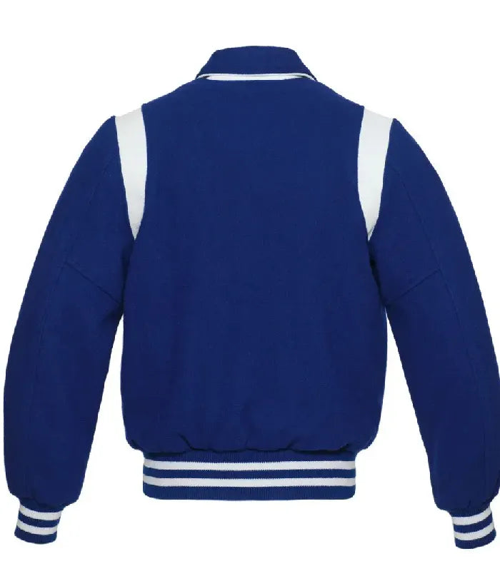 Rear view of royal blue wool varsity jacket showing fold-down collar and white shoulder inserts.
