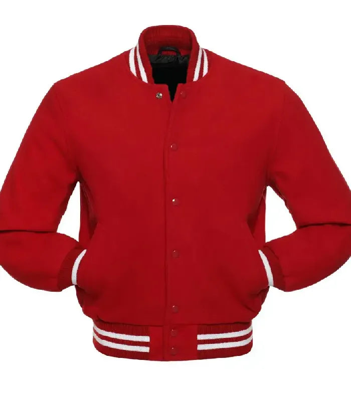 Front view of red wool varsity jacket with hand in pockets featuring snap button closure and side welt pocket.