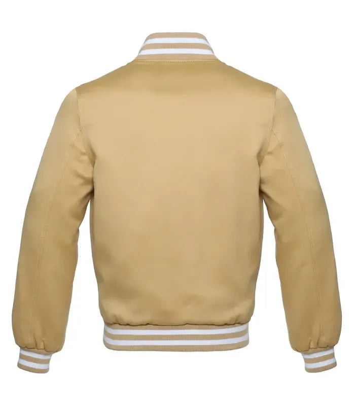 Rear view of a Vegas gold satin varsity jacket displaying a plain gold back panel and white double-striped rib-knit collar, cuffs, and hem.