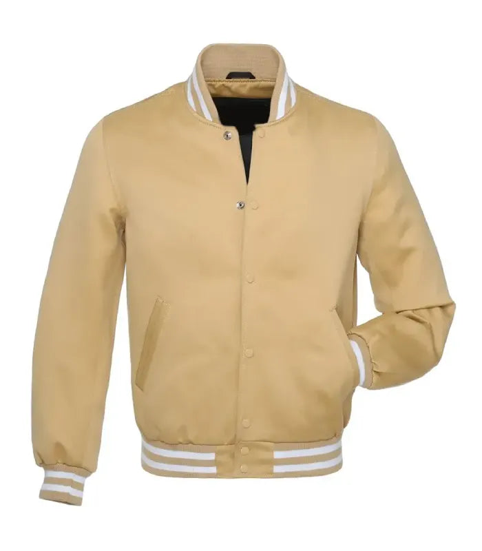Front view of a Vegas gold satin varsity jacket with matching snap buttons, white-striped ribbed trim, and one hand placed in pocket.
