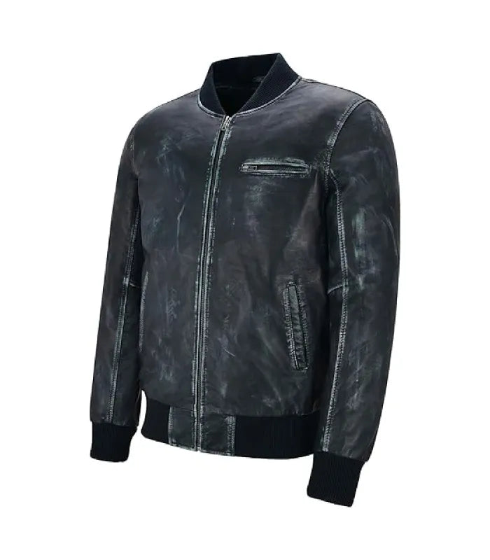 Three-quarter angle view of a vintage navy distressed leather bomber jacket highlighting dark ribbed collar and burnished finish.